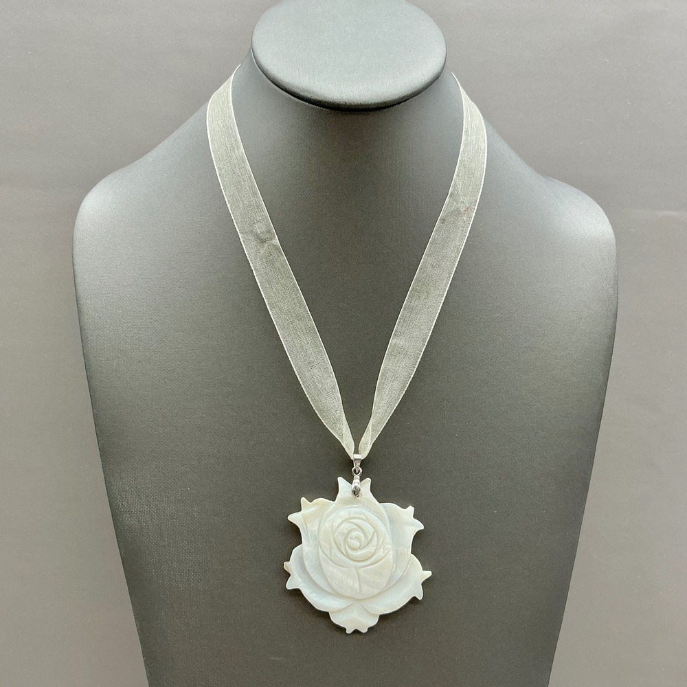 Rose Pendant Necklace Women White Carved Faux Shell Sheer Ribbon Cord Jewelry